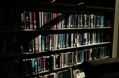 a book shelf filled with lots of books